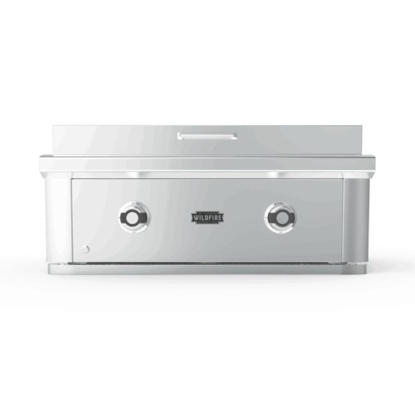Stainless steel outdoor grill with dual control knobs and a sleek design, ideal for backyard cooking and entertaining.