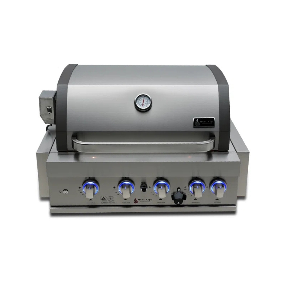 bb6b59ba-83ce-406e-bbdb-84ebb49f1822.jpg Stainless steel gas grill with a sleek design, featuring a temperature gauge and illuminated control knobs for easy operation.