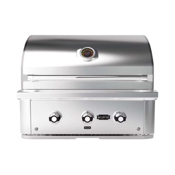 Stainless steel gas grill with three control knobs and a temperature gauge, designed for outdoor cooking.