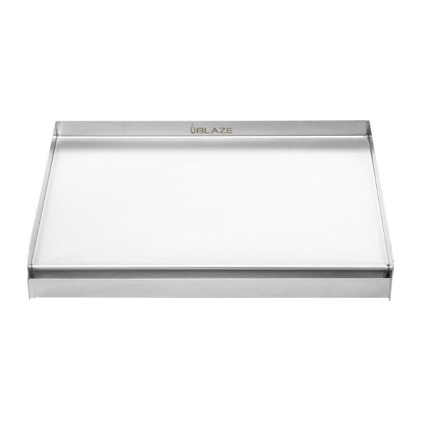 Stainless steel griddle designed for outdoor cooking, featuring a smooth cooking surface and raised edges for easy food management.