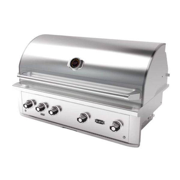 Stainless steel outdoor grill with four control knobs and a built-in thermometer, designed for high-performance cooking.