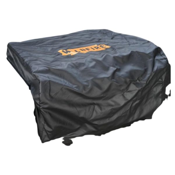 Black protective cover for outdoor equipment with a logo on the top, designed to shield against weather elements.