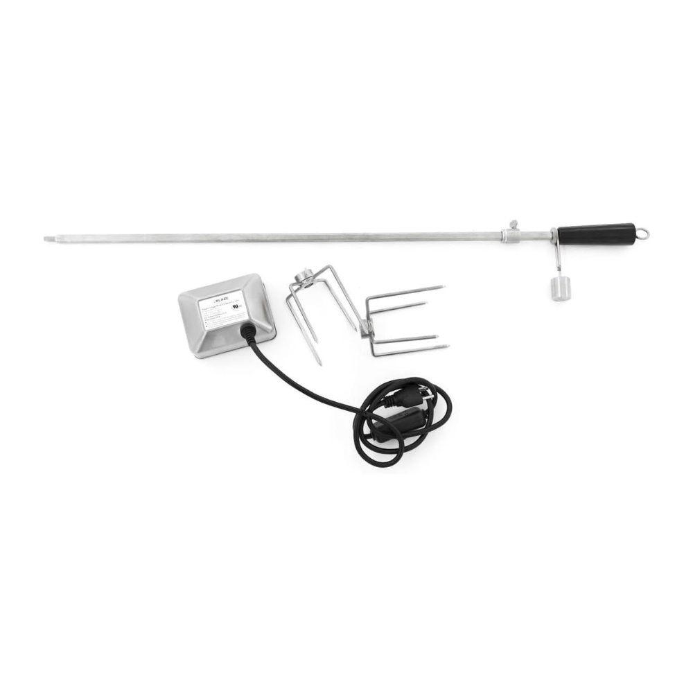 cad50330-d647-40a3-b9ac-febcc0addef3.jpg Electric rotisserie kit with stainless steel spit rod, motor, and support forks for grilling. Ideal for cooking meats evenly.