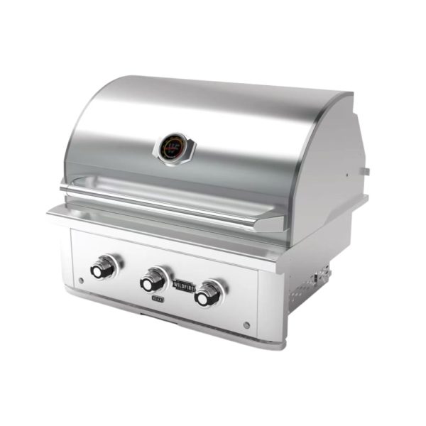 Stainless steel outdoor gas grill with three control knobs and a temperature gauge, designed for efficient grilling.
