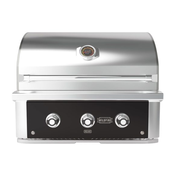 Stainless steel gas grill with three control knobs and a temperature gauge, designed for outdoor cooking.