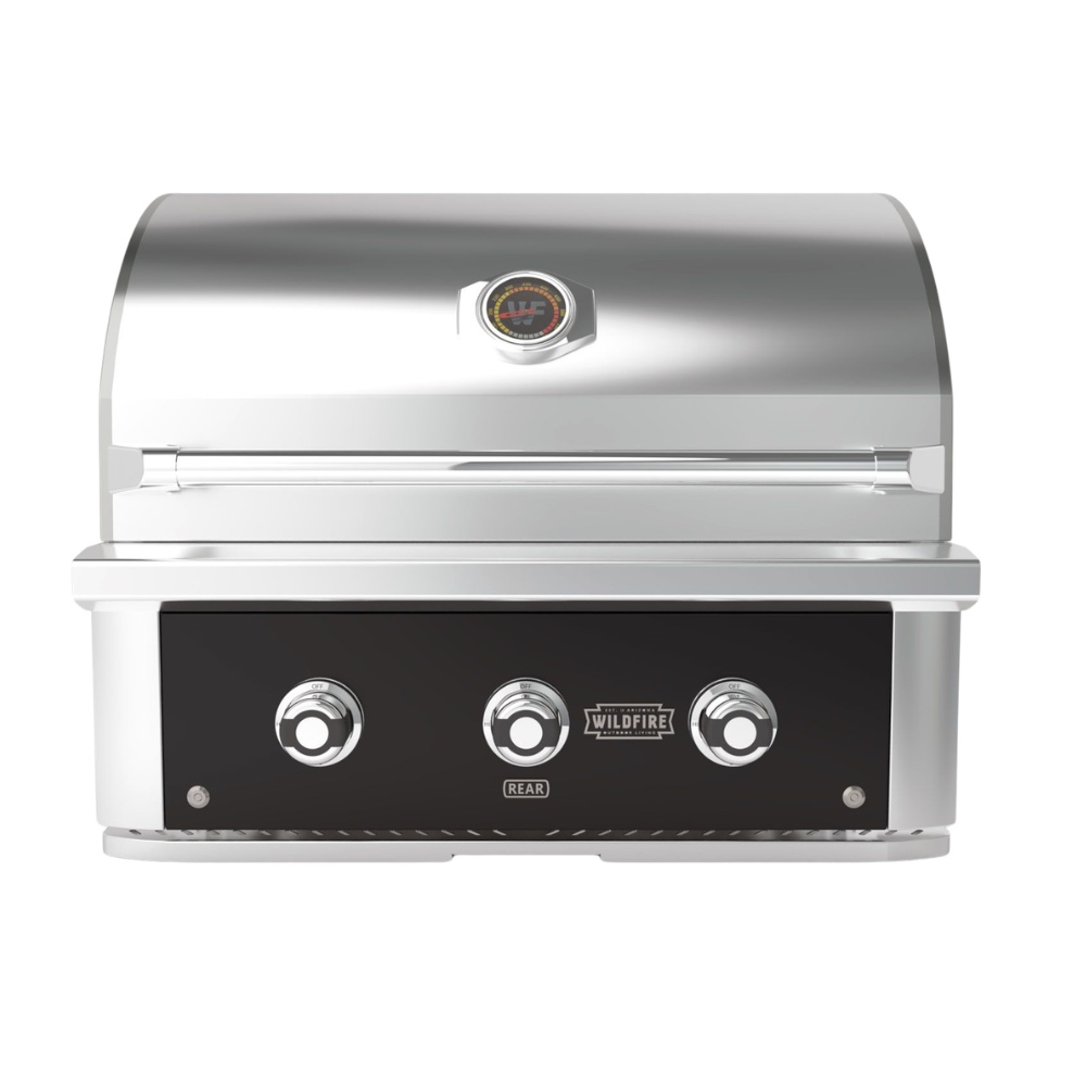 cd0a620b-8dad-4f72-8b0b-04c129b85a69.jpg Stainless steel gas grill with three control knobs and a temperature gauge, designed for outdoor cooking.