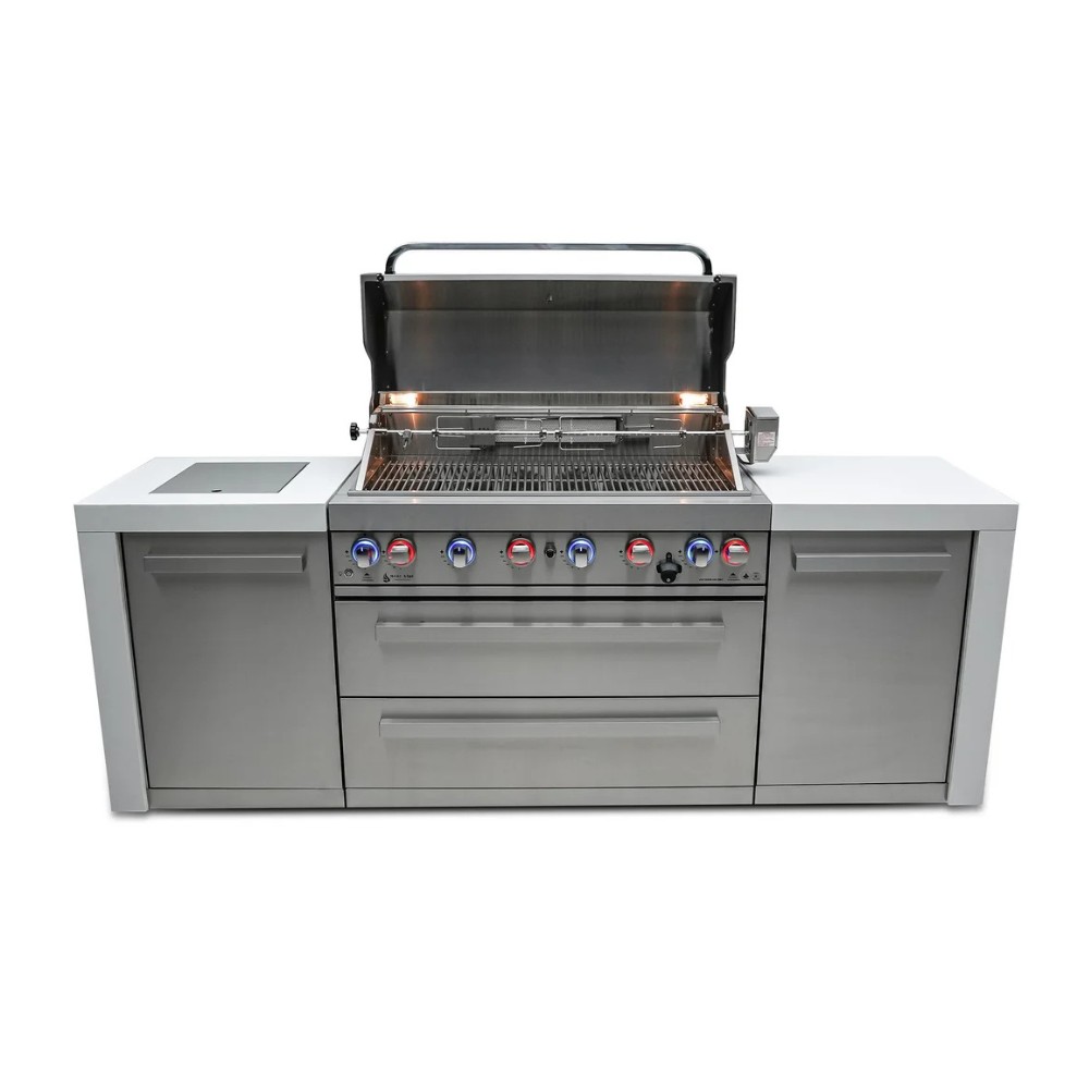 cda0ca29-c2f0-44ef-9c8d-bc93d9b49f57.jpg Stainless steel outdoor grill with an open lid, featuring multiple burners, control knobs, and storage drawers on a modern countertop.