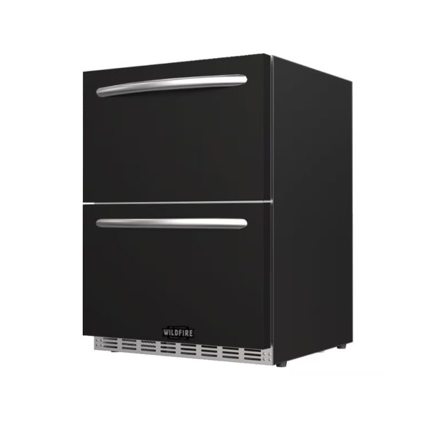 Compact black refrigerator with two drawers and stainless steel handles, ideal for small spaces and outdoor use.
