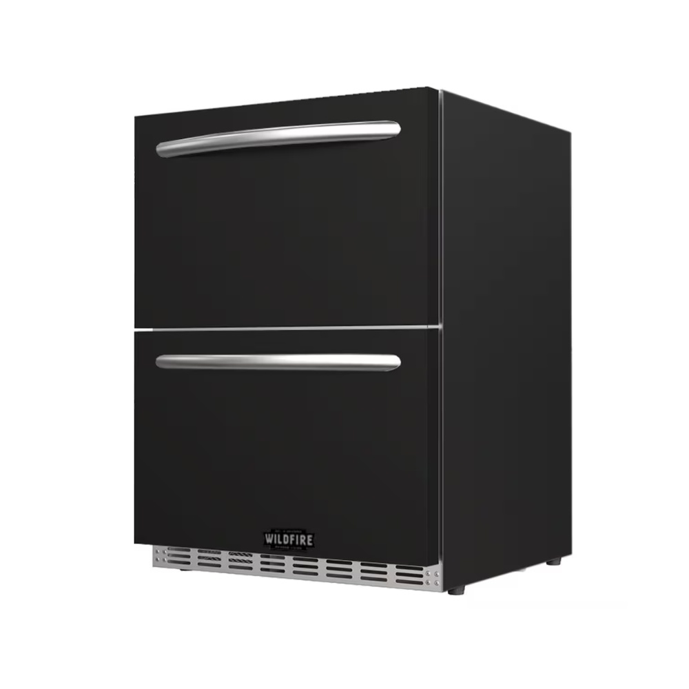 d84cfaa8-9aed-4358-874c-dbd6bce38b18.jpg Compact black refrigerator with two drawers and stainless steel handles, ideal for small spaces and outdoor use.