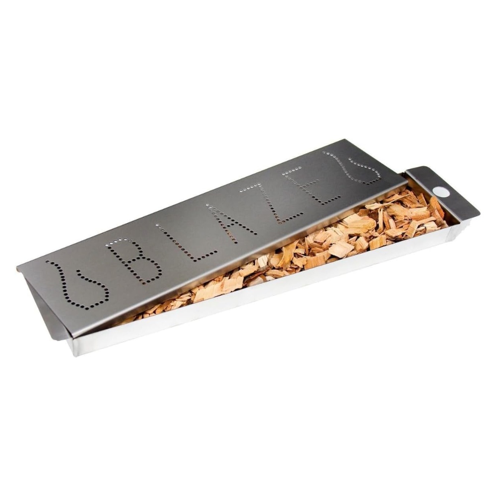d9490006-7f0e-41f0-aecf-043a6f26a3d3.jpg Stainless steel smoker box filled with wood chips, designed for enhancing flavor in grilling and barbecuing.