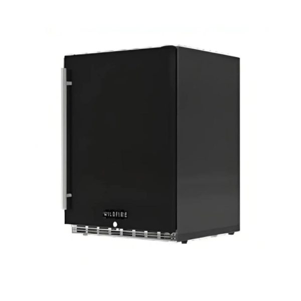 Compact black refrigerator with a stainless steel handle, ideal for small spaces and outdoor use.