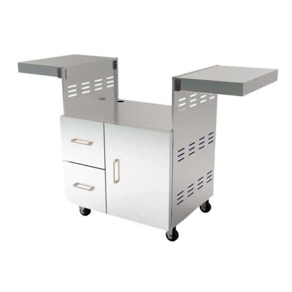 Stainless steel kitchen cart with two extendable shelves, two drawers, and a cabinet for storage, mounted on wheels for easy mobility.