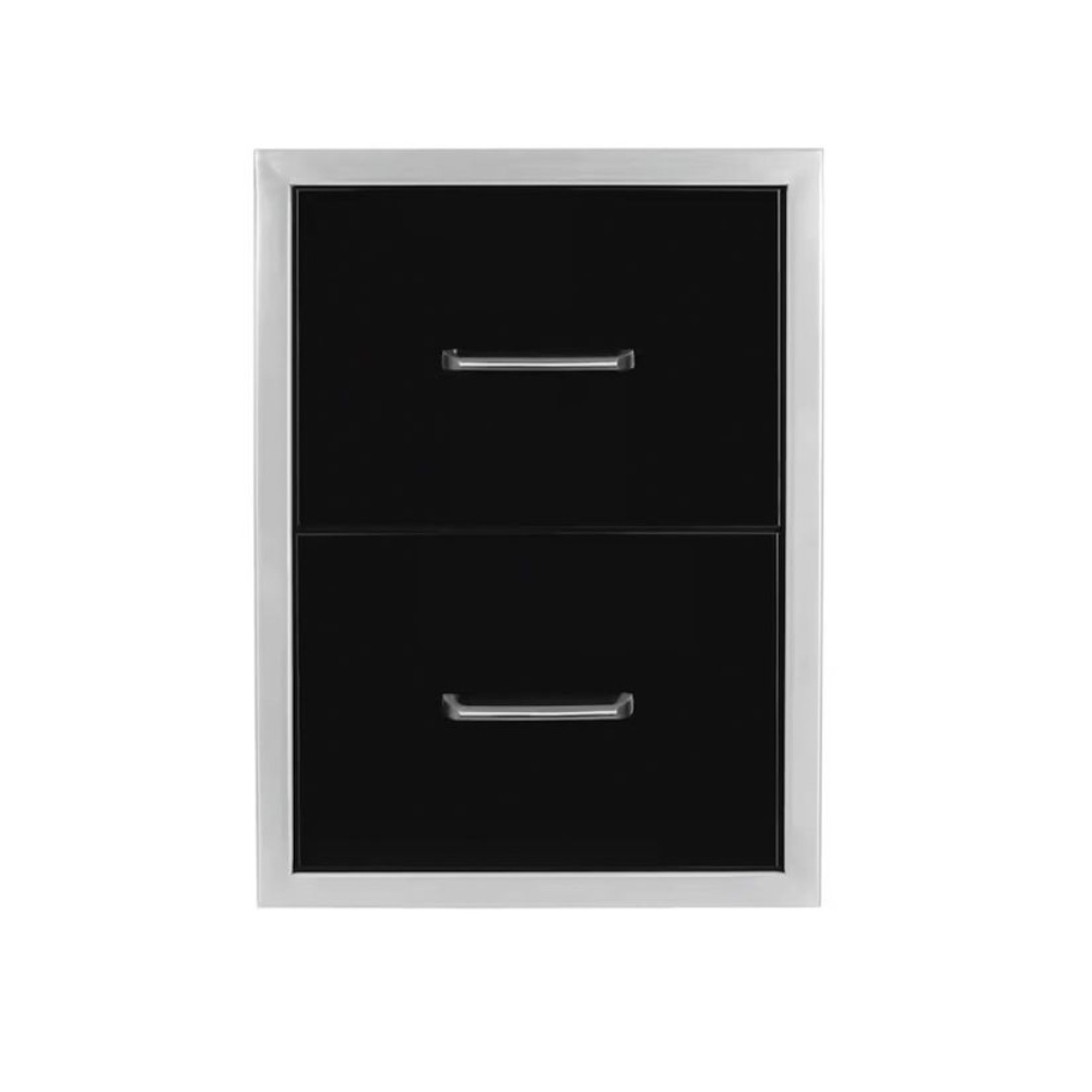 Modern black two-drawer cabinet with silver handles, ideal for storage and organization.