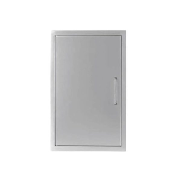 Stainless steel wall cabinet with a sleek design and a handle, suitable for storage in kitchens or outdoor spaces.