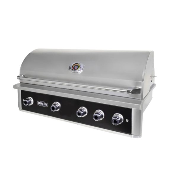 Stainless steel gas grill with four burners and a sleek, modern design, ideal for outdoor cooking and barbecues.