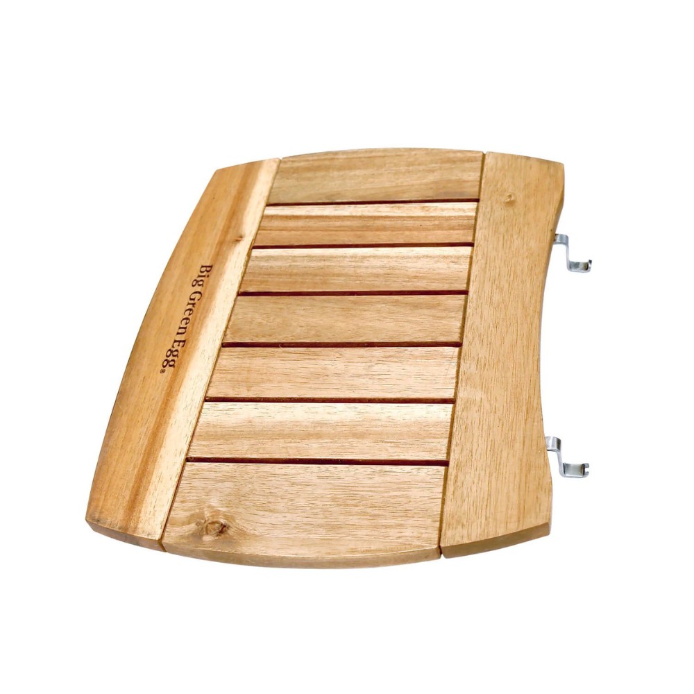 Wooden grill top for Big Green Egg, featuring slatted design and metal hooks for secure attachment. Ideal for outdoor cooking and grilling.