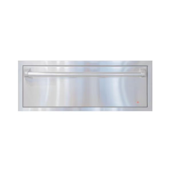 Stainless steel warming drawer with a sleek design and a horizontal handle, ideal for keeping food warm.