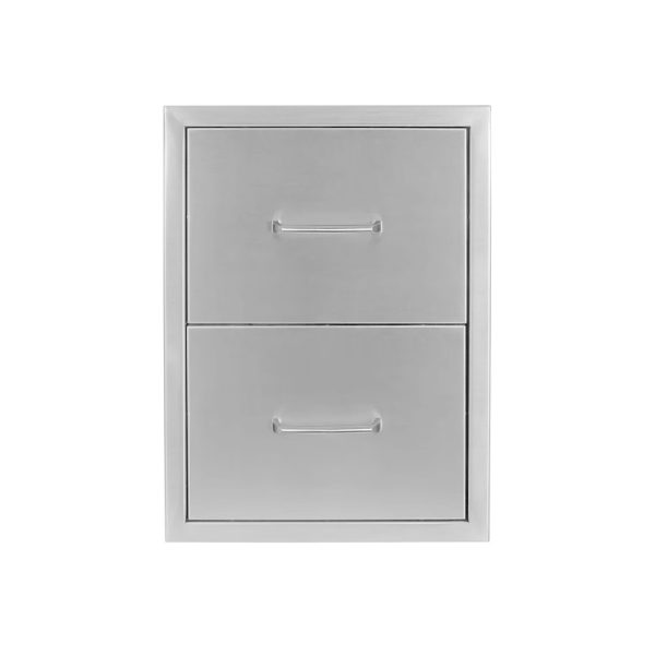 Stainless steel storage cabinet with two drawers and sleek handles.