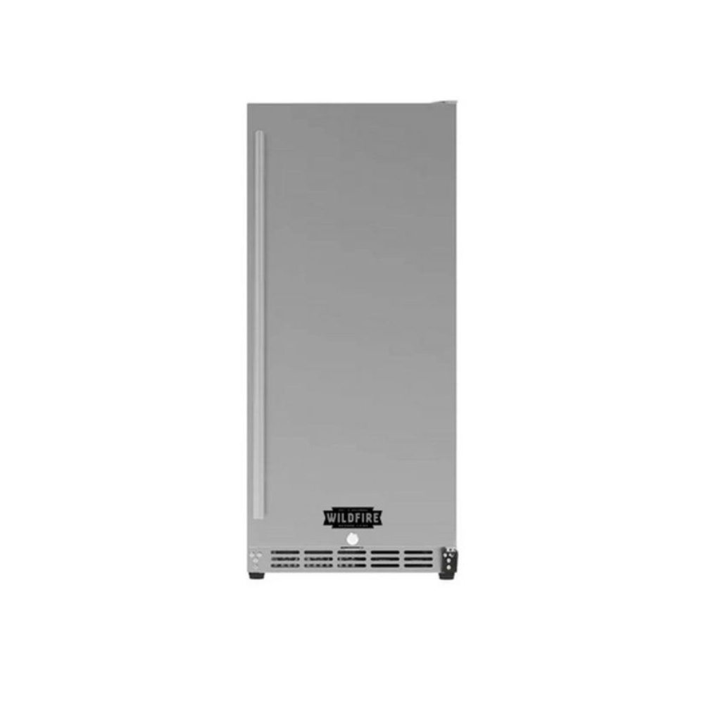 Stainless steel outdoor refrigerator with a sleek design and a single stainless steel handle, featuring the Wildfire logo at the bottom.