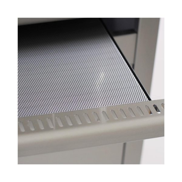 Close-up of a perforated metal shelf with a sleek design, showcasing the texture and finish of the surface.