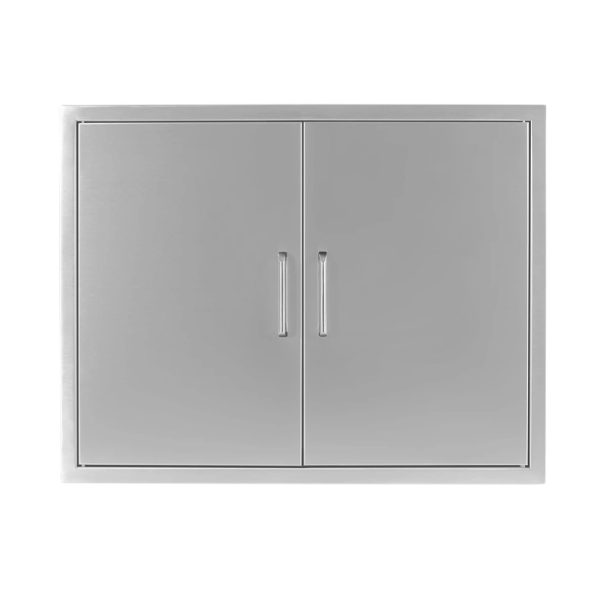 Stainless steel outdoor kitchen cabinet with double doors and sleek handles.