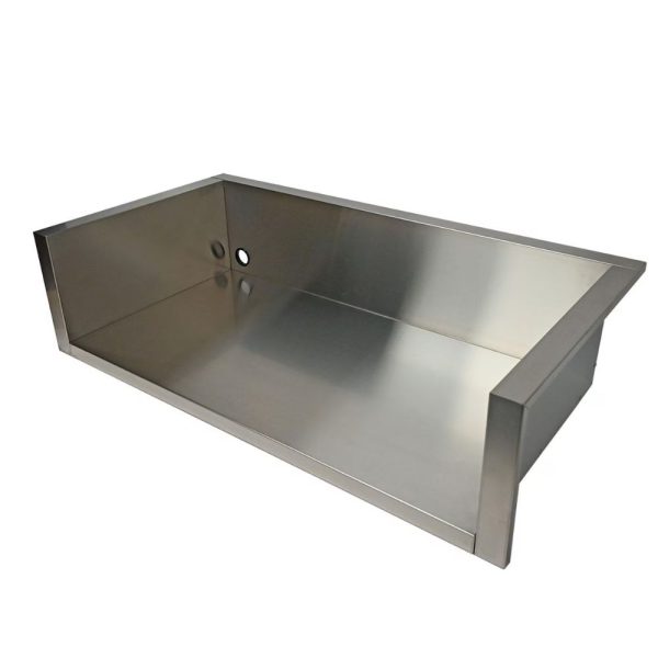 Stainless steel sink with a rectangular design and a side drain hole, ideal for kitchens or commercial spaces.