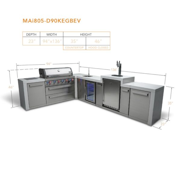 Outdoor kitchen layout featuring a stainless steel grill, sink, refrigerator, and countertop with dimensions of 94" x 136". Counter height is 35" and overall height is 46". Ideal for entertaining and outdoor cooking.