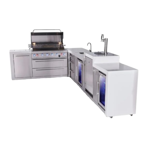 Stainless steel outdoor kitchen featuring a built-in grill, storage cabinets, a sink, and beverage coolers, designed for efficient outdoor cooking and entertaining.