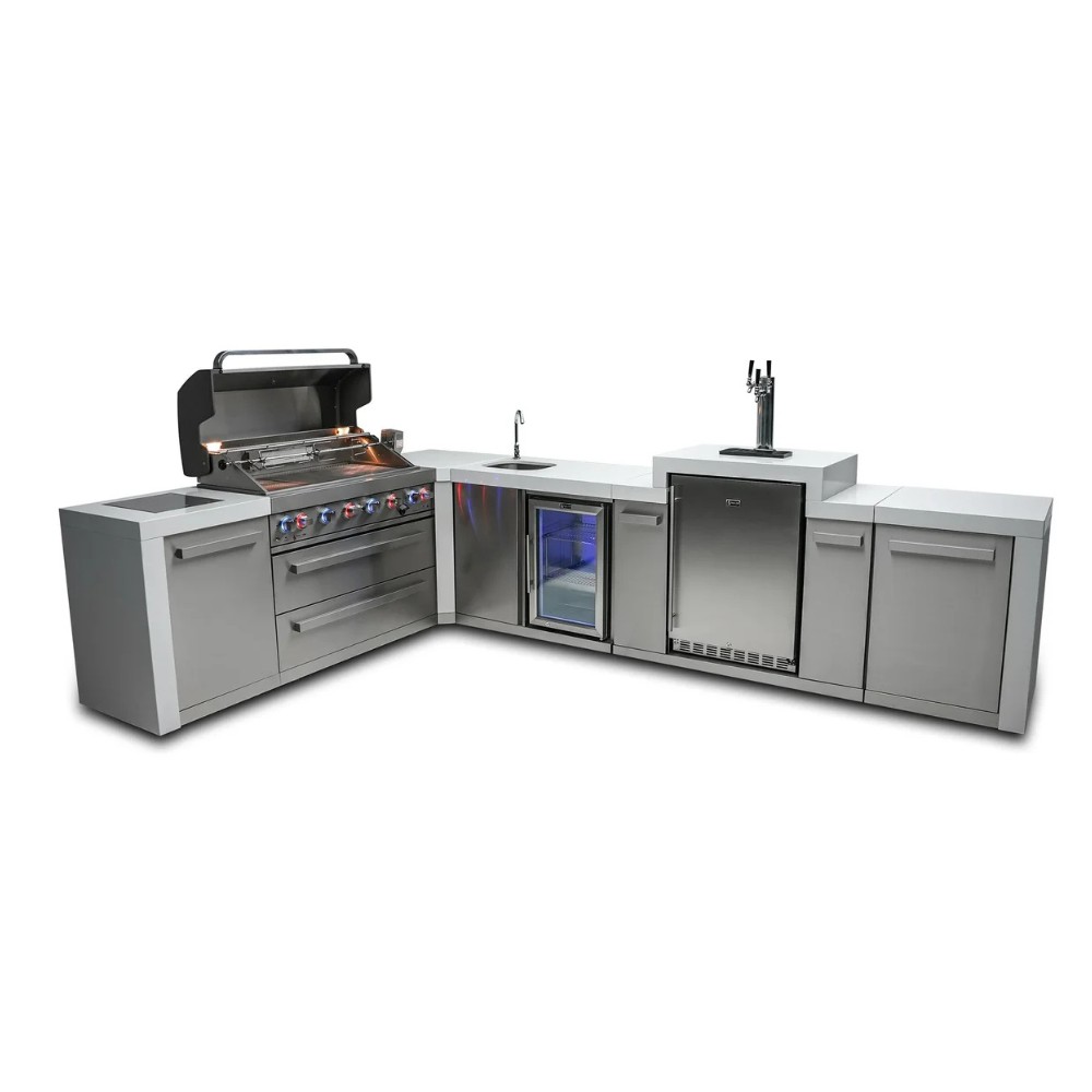 e9be8912-2dba-4cc0-b3a1-cbbccca3d0e3.jpg Modern outdoor kitchen featuring a stainless steel grill, refrigerator, sink, and bar area with a sleek countertop design.